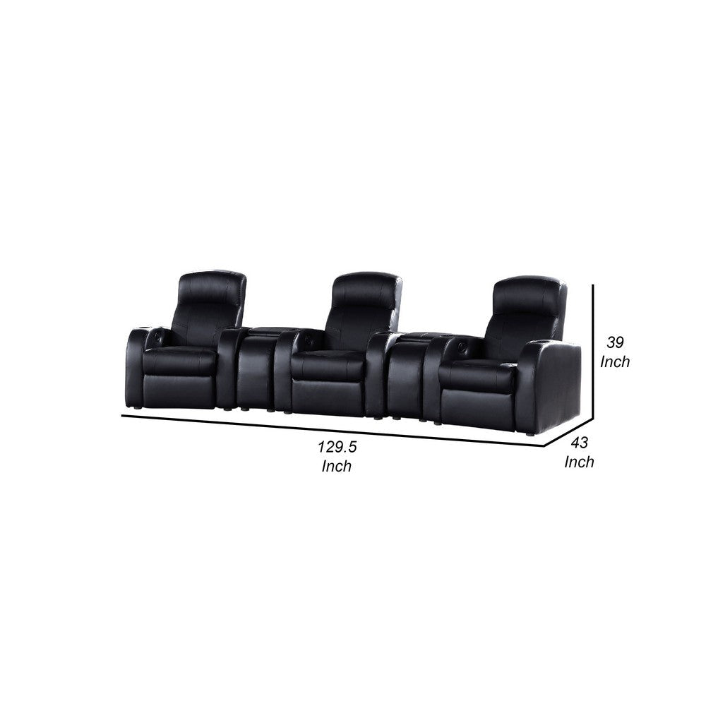 Cyrine 5pc Home Theater Set | 3 Recliners | 2 Consoles | Black Real Leather BM337858