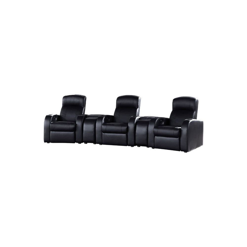 Cyrine 5pc Home Theater Set | 3 Recliners | 2 Consoles | Black Real Leather