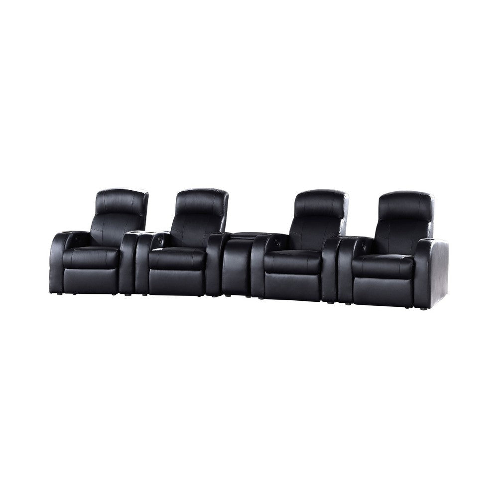Cyrine 5pc Home Theater Set | 4 Recliners 1 Console | Black Real Leather
