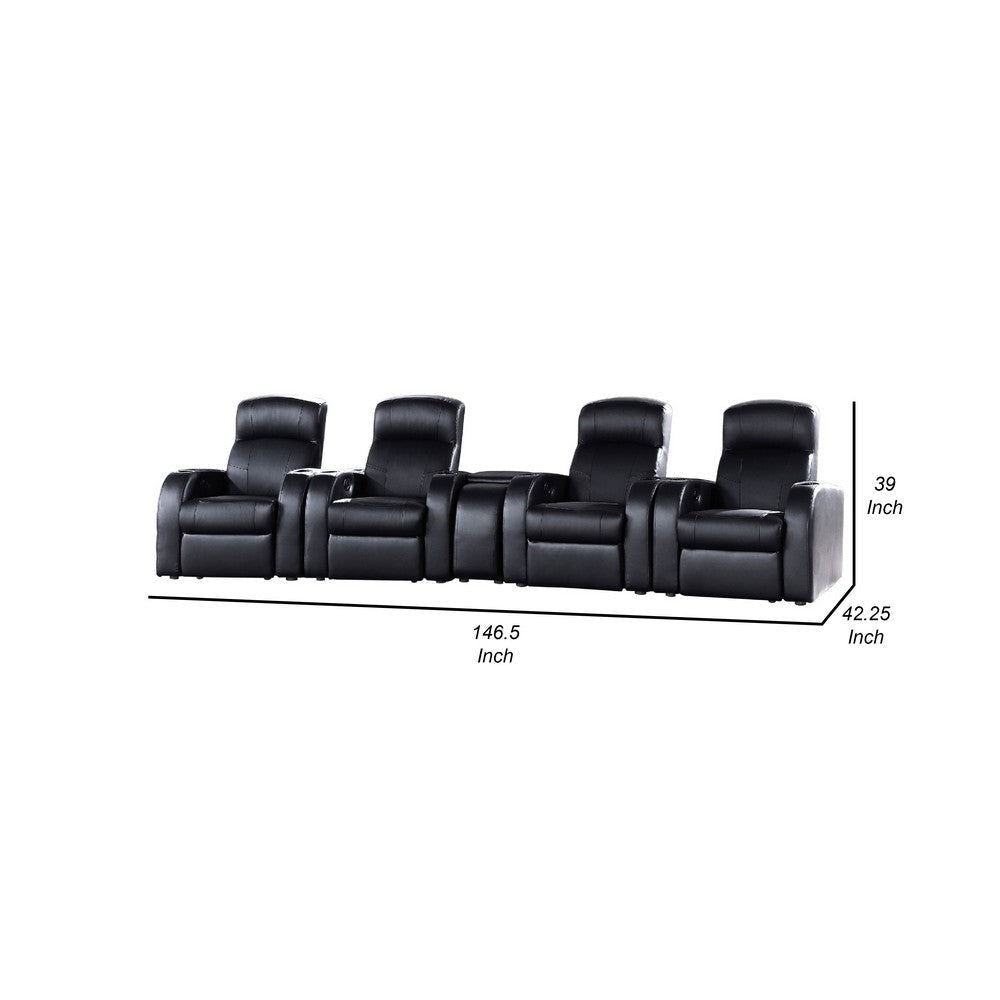 Cyrine 5pc Home Theater Set | 4 Recliners 1 Console | Black Real Leather BM337861