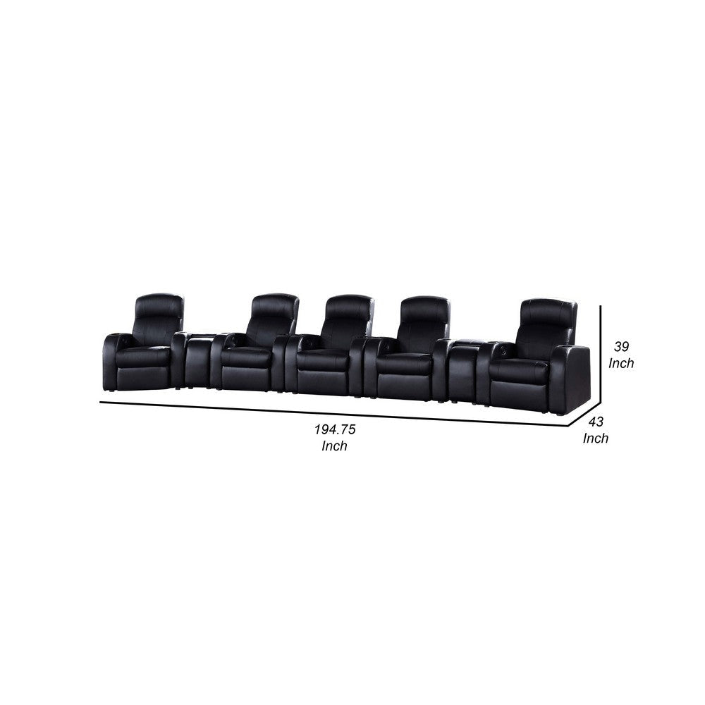 Cyrine 7pc Home Theater Set | 5 Recliners 2 Consoles | Black Real Leather BM337862