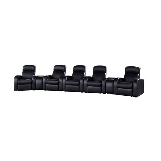 Cyrine 7pc Home Theater Set | 5 Recliners 2 Consoles | Black Real Leather