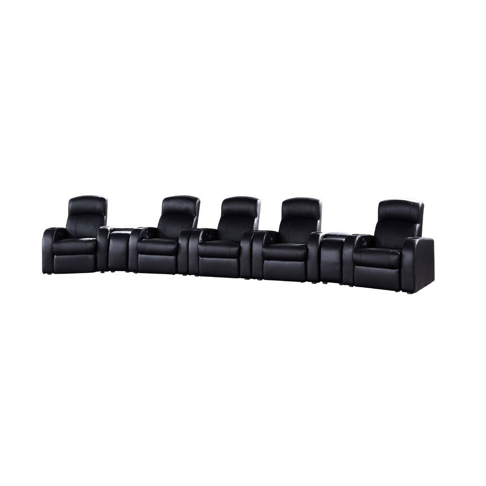 Cyrine 7pc Home Theater Set | 5 Recliners 2 Consoles | Black Real Leather