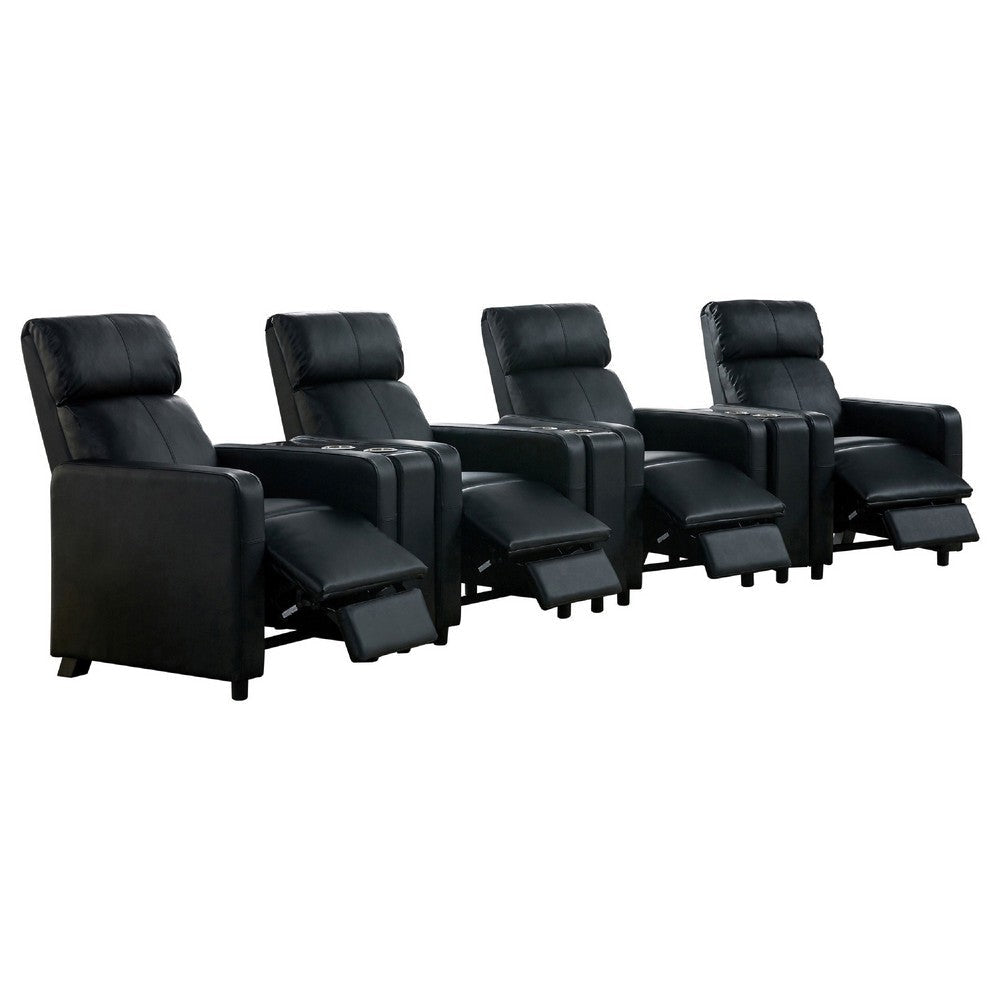 Heena Home Theater Set | 4 Manual Recliners | 3 Consoles | Black Faux Leather BM337865