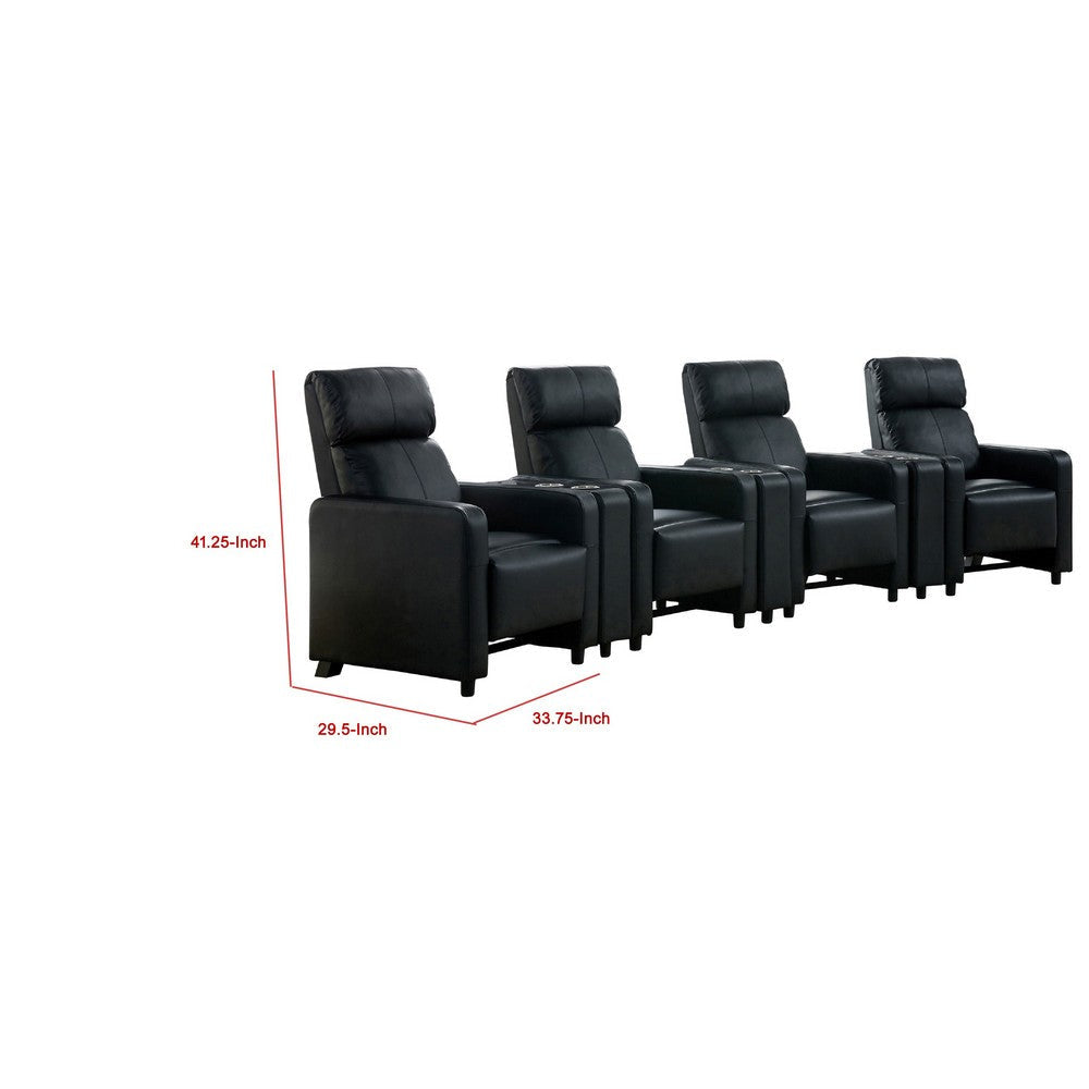 Heena Home Theater Set | 4 Manual Recliners | 3 Consoles | Black Faux Leather BM337865