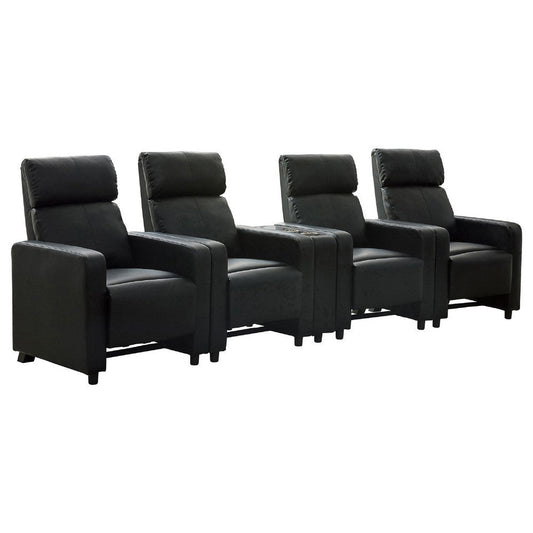Heena Home Theater Set | 4 Manual Recliners | 1 Console | Black Faux Leather