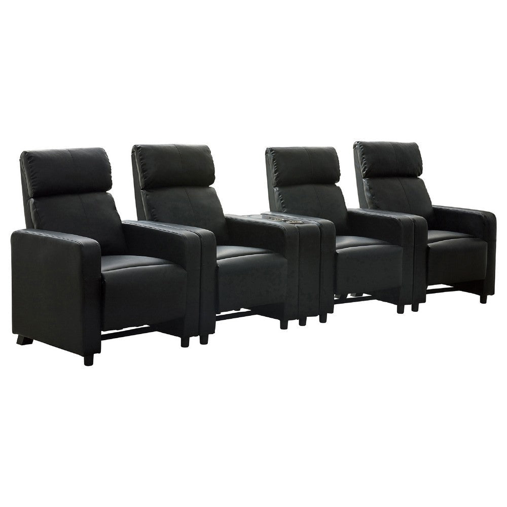 Heena Home Theater Set | 4 Manual Recliners | 1 Console | Black Faux Leather