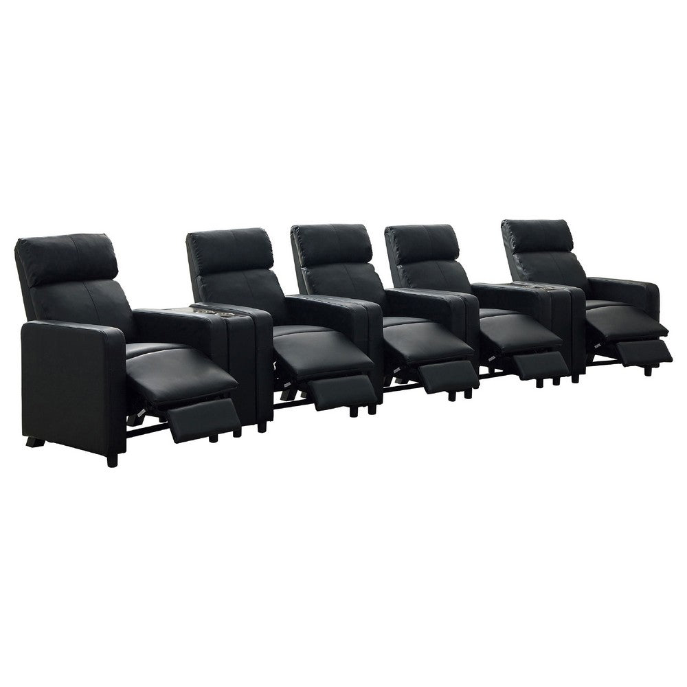 Heena Home Theater Set | 5 Manual Recliners | 2 Consoles | Black Faux Leather