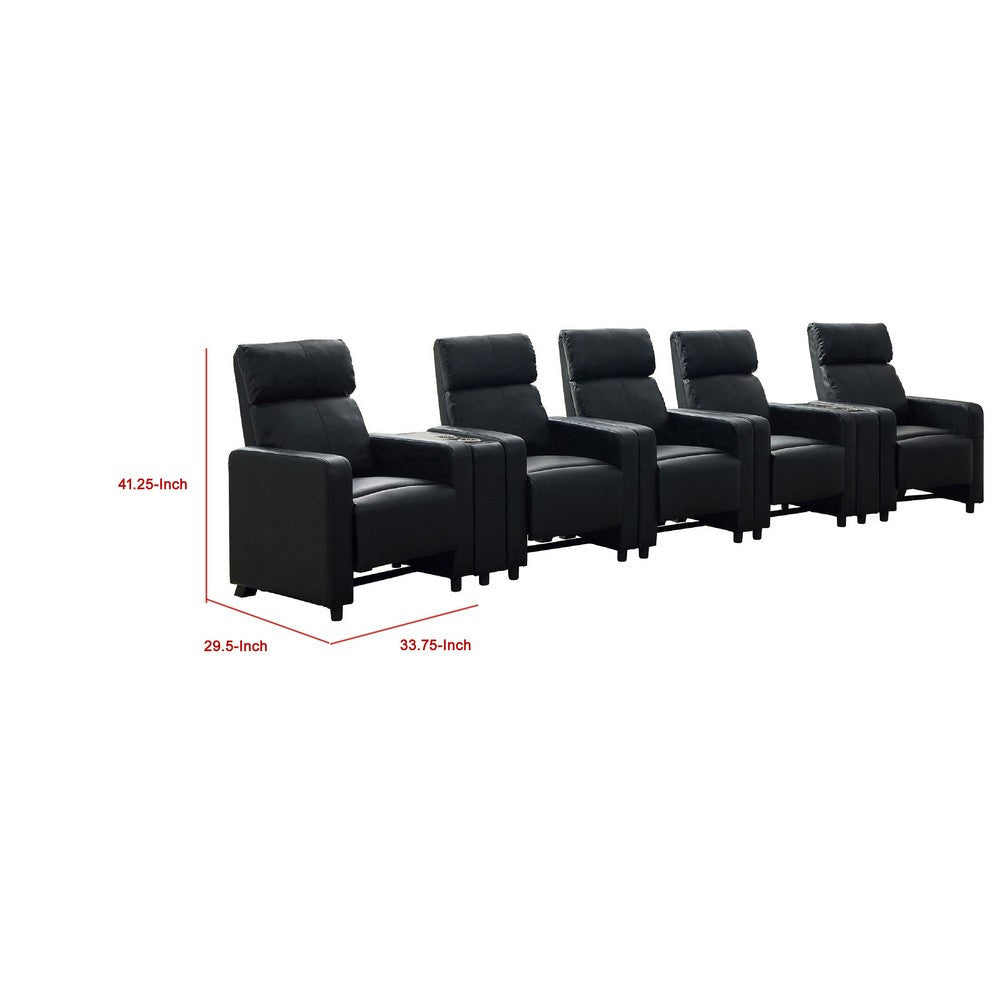Heena Home Theater Set | 5 Manual Recliners | 2 Consoles | Black Faux Leather BM337867