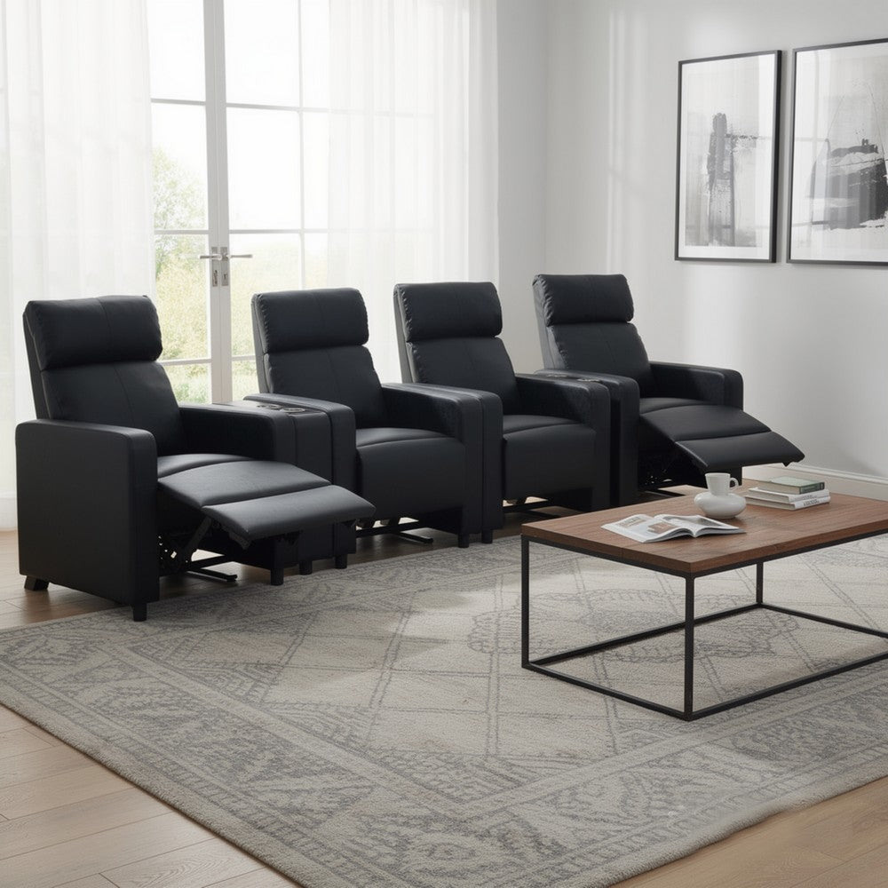 Heena Home Theater Set | 5 Manual Recliners | 2 Consoles | Black Faux Leather