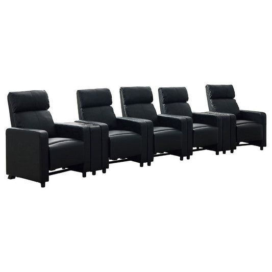 Heena Home Theater Set | 5 Manual Recliners | 2 Consoles | Black Faux Leather