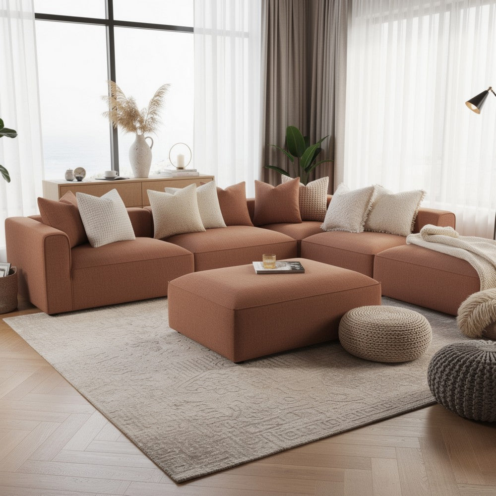 Hani 6pc Modular Sectional Sofa with Ottoman | Rich Brown | 10 Pillows