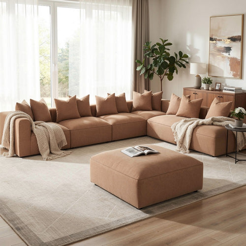 Hani 6pc Modular Sectional Sofa with Ottoman | Rich Brown | 10 Pillows