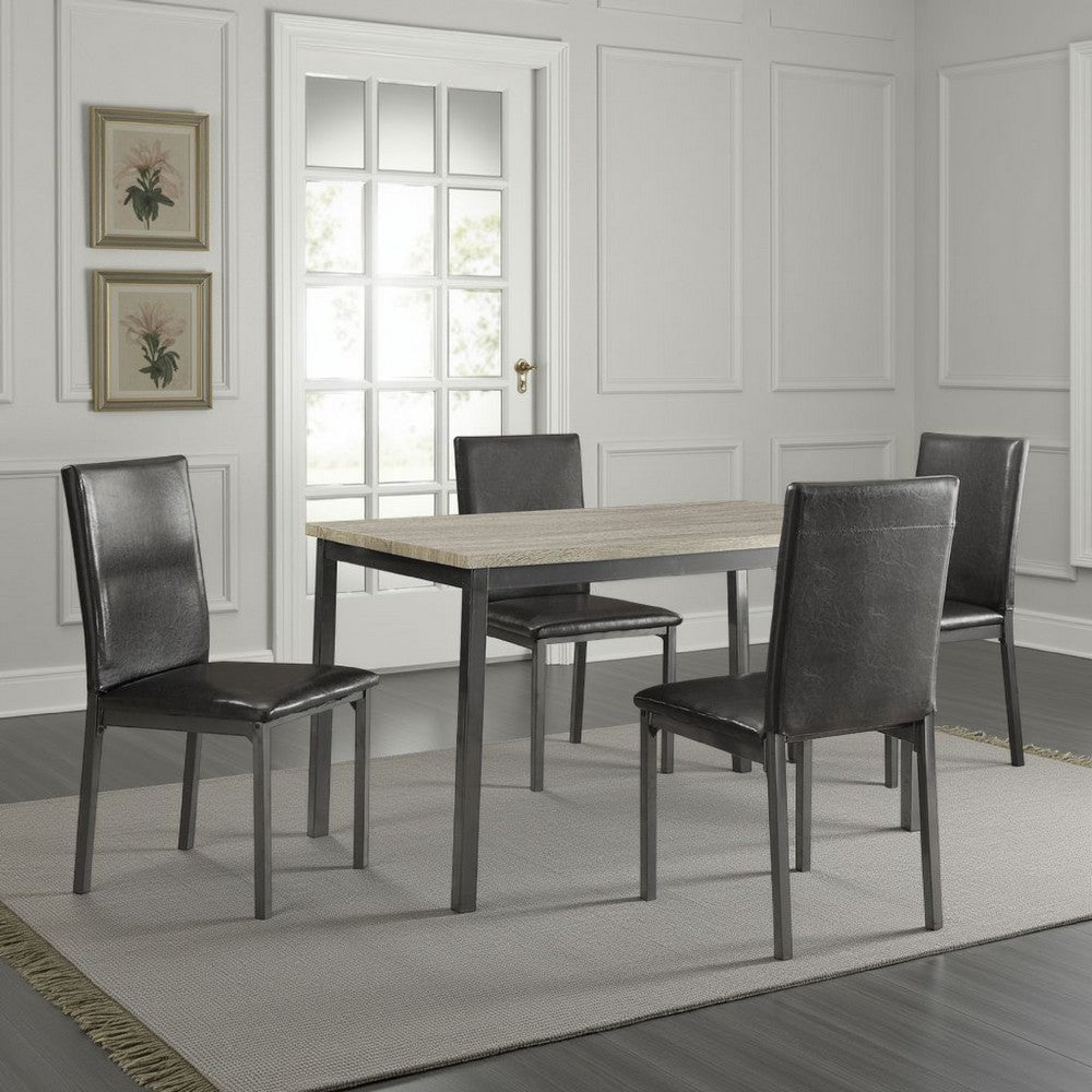 Raza Dining Table Set | Weathered Gray | 4 Black Faux Leather Chairs