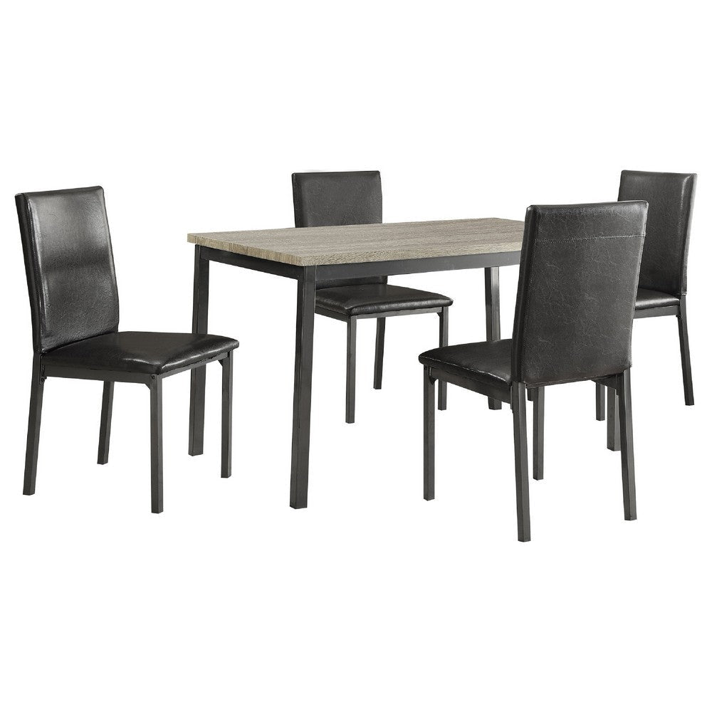 Raza Dining Table Set | Weathered Gray | 4 Black Faux Leather Chairs BM337893