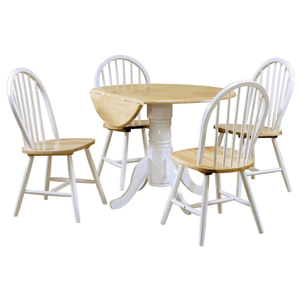 Giva Round Dining Table and 4 Chairs Set | Drop-Leaf | White and Brown BM337895