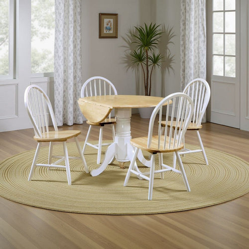Giva Round Dining Table and 4 Chairs Set | Drop-Leaf | White and Brown