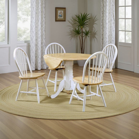 Giva Round Dining Table and 4 Chairs Set | Drop-Leaf | White and Brown