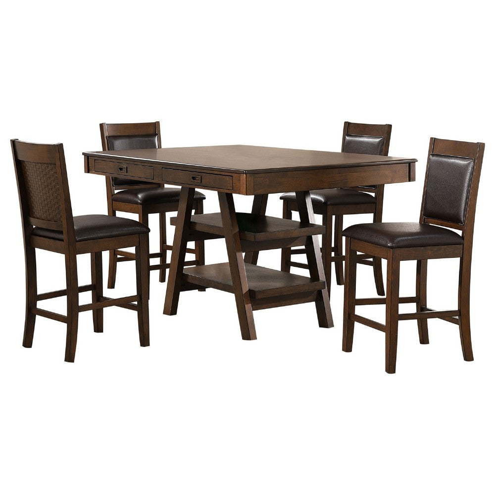 Wey 5pc Counter Height Dining Table & 4 Chairs Set | Brown | 2 Shelves BM337900