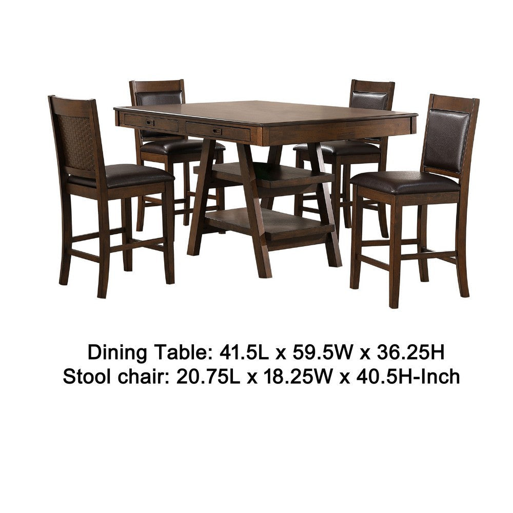 Wey 5pc Counter Height Dining Table & 4 Chairs Set | Brown | 2 Shelves BM337900