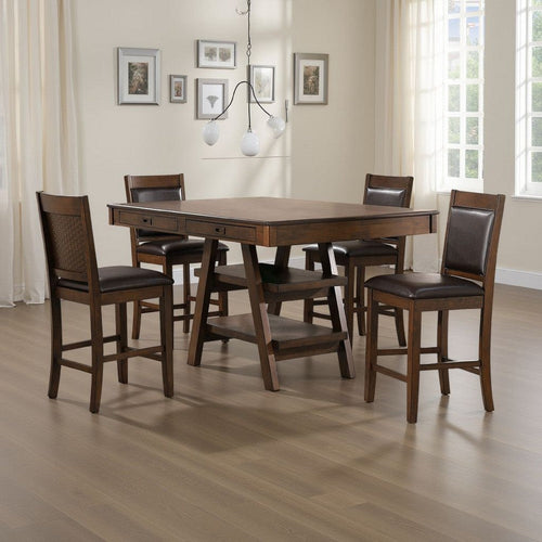 Wey 5pc Counter Height Dining Table & 4 Chairs Set | Brown | 2 Shelves