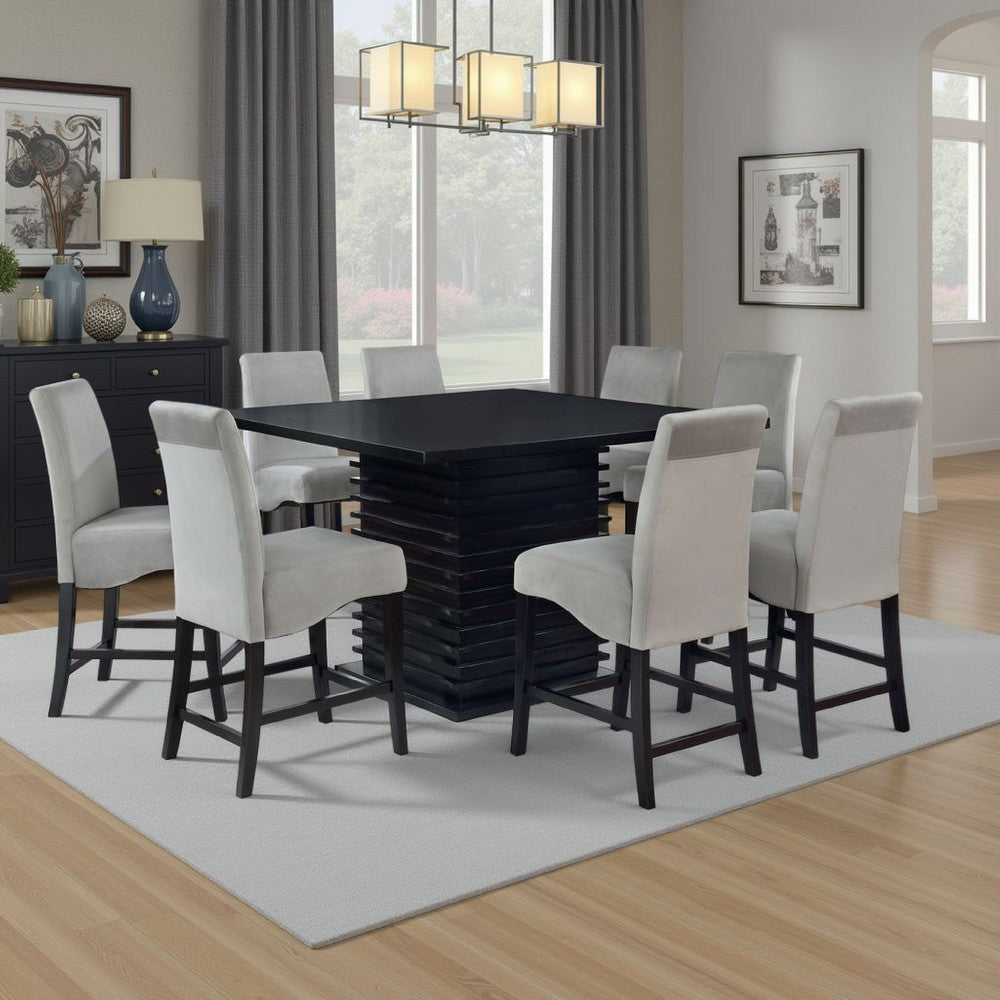 Tela 9pc Counter Height Dining Set | Black Wood Table | 8 Gray Chairs