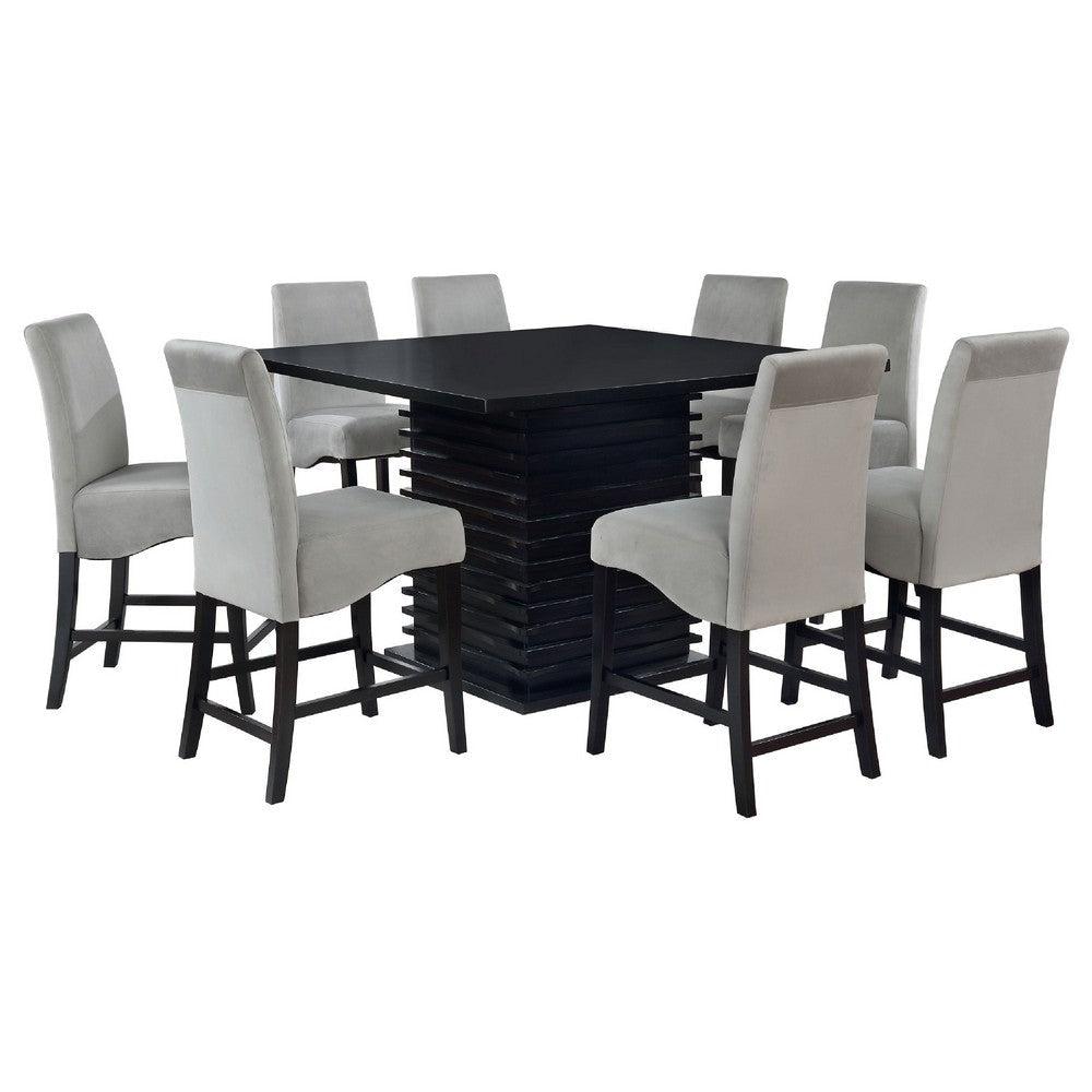 Tela 9pc Counter Height Dining Set | Black Wood Table | 8 Gray Chairs BM337903
