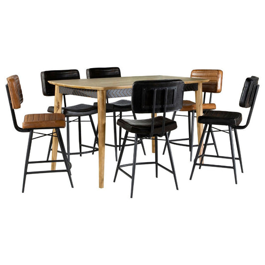 Hom 7pc Counter Height Dining Set | 6 Faux Leather Chairs Camel Brown