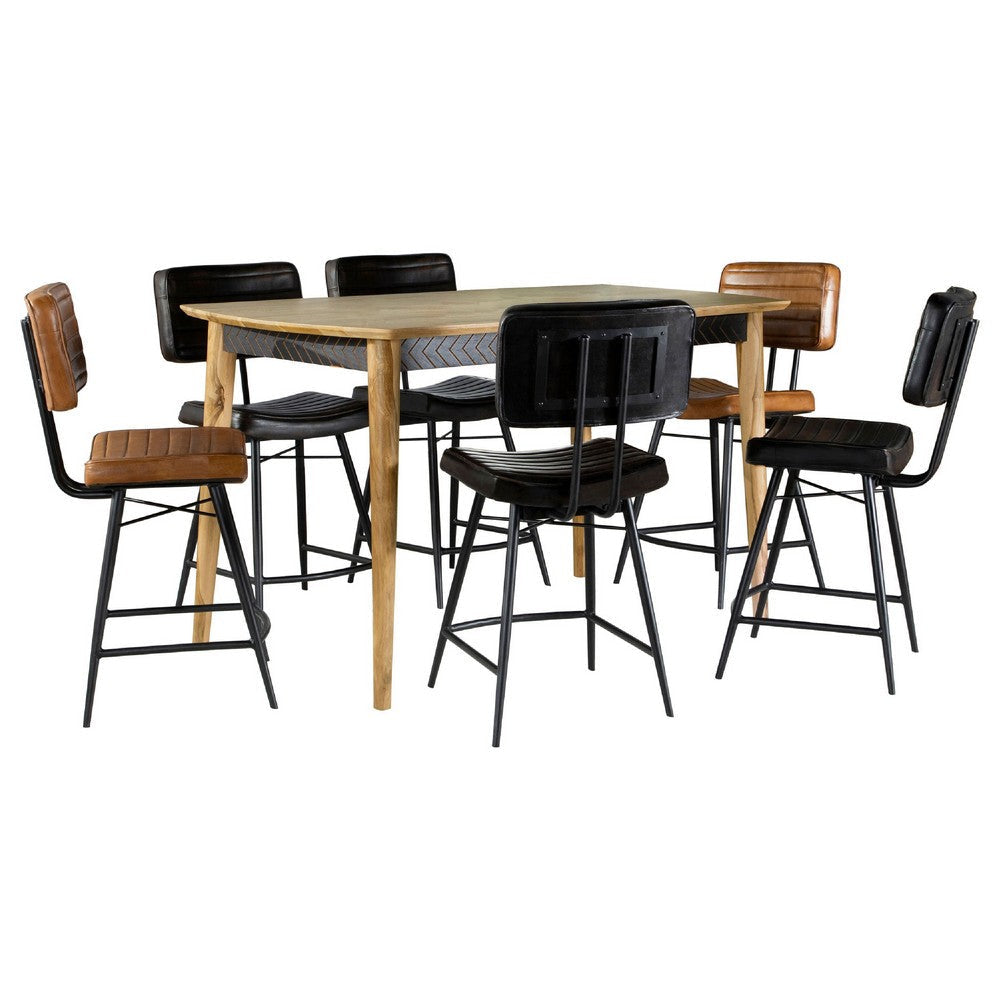 Hom 7pc Counter Height Dining Set | 6 Faux Leather Chairs Camel Brown
