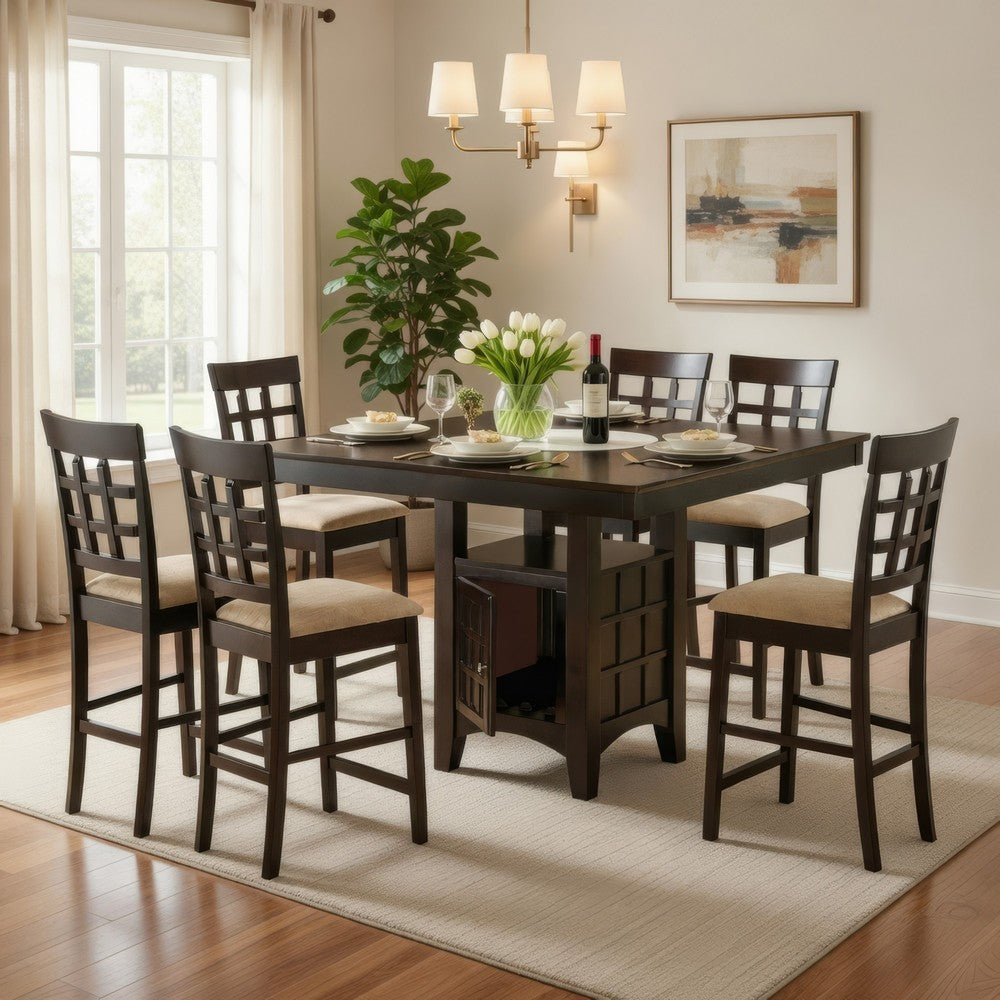 Uric Counter Height Dining Table w Wine Storage | 6 Chairs | Brown