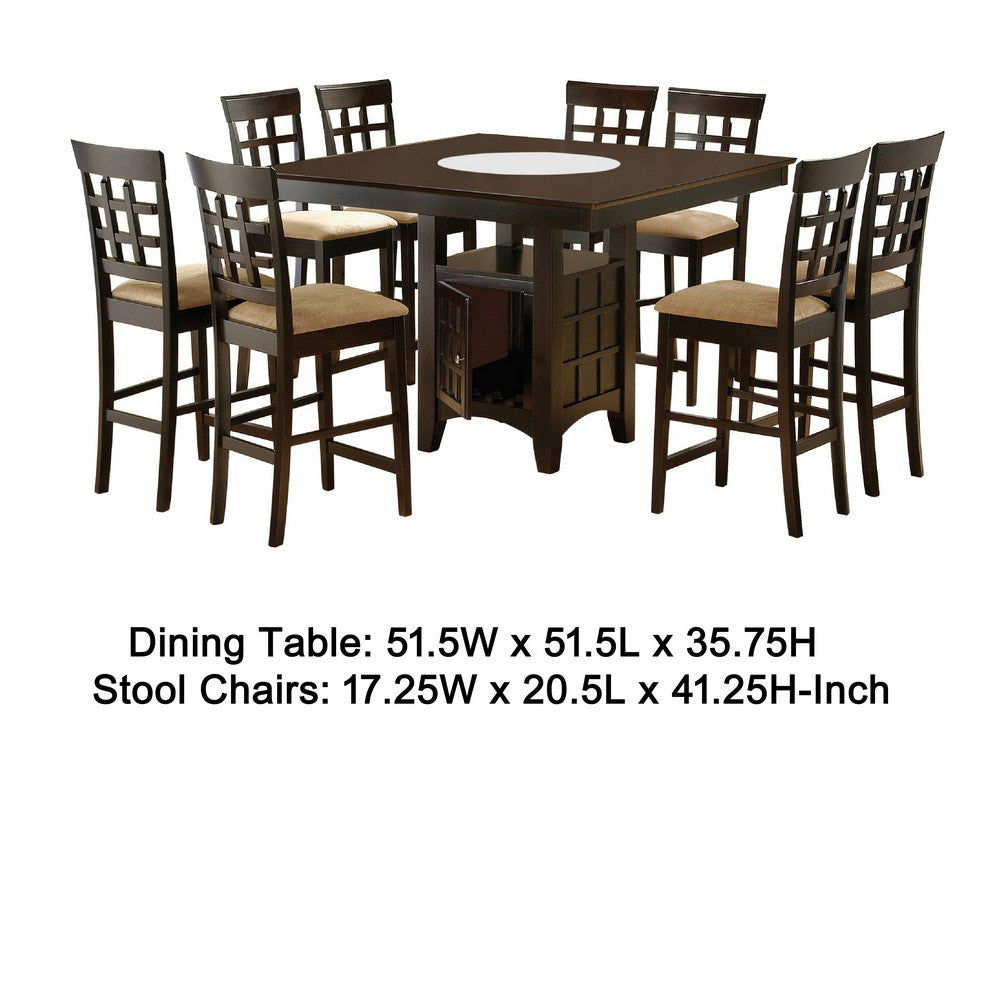 Uric Counter Height Dining Table w Wine Storage | 8 Chairs | Brown