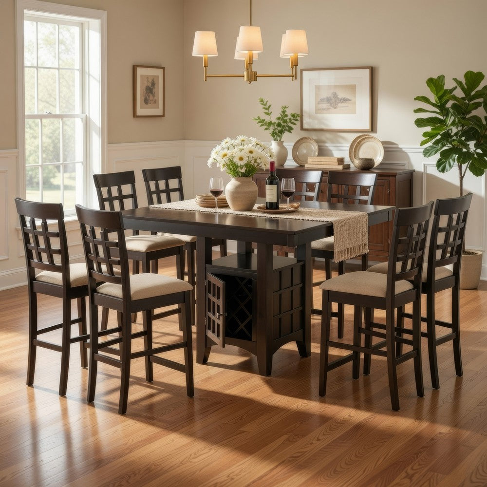 Uric Counter Height Dining Table w Wine Storage | 8 Chairs | Brown