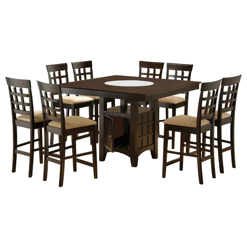 Uric Counter Height Dining Table w Wine Storage | 8 Chairs | Brown