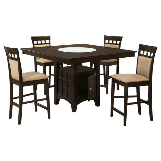 Uric Counter Height Dining Table w Wine Storage & 4 Chairs | Brown | Tan Seats