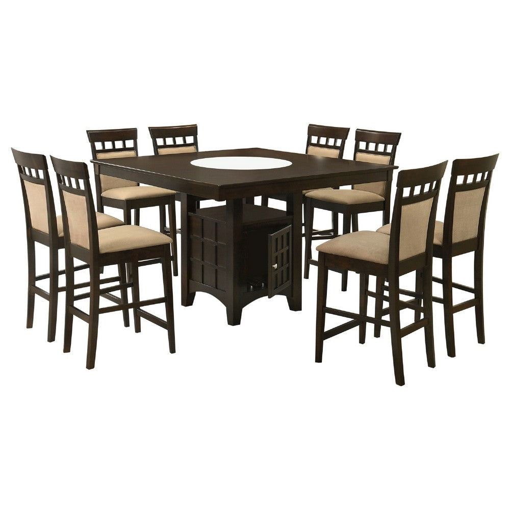 Uric Counter Height Dining Table w Wine Storage | 8 Chairs | Brown | Tan