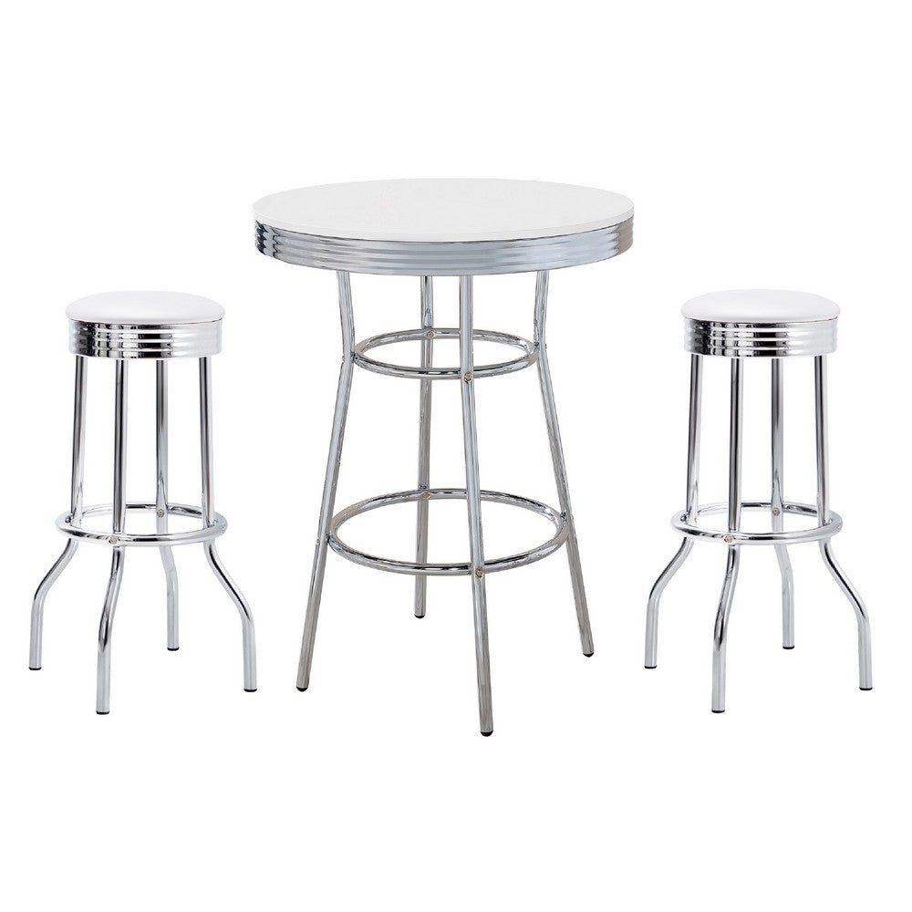 Loy 3pc Retro Bar Table Set | Round White Top | 2 Stools | Chrome Legs
