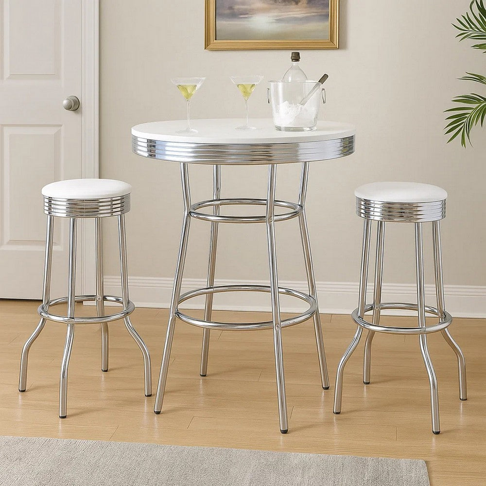 Loy 3pc Retro Bar Table Set | Round White Top | 2 Stools | Chrome Legs