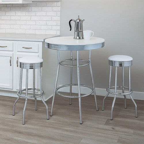 Loy 3pc Retro Bar Table Set | Round White Top | 2 Stools | Chrome Legs