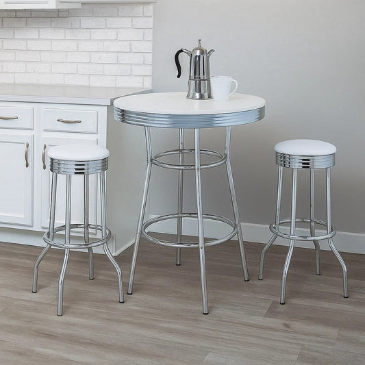Loy 3pc Retro Bar Table Set | Round White Top | 2 Stools | Chrome Legs