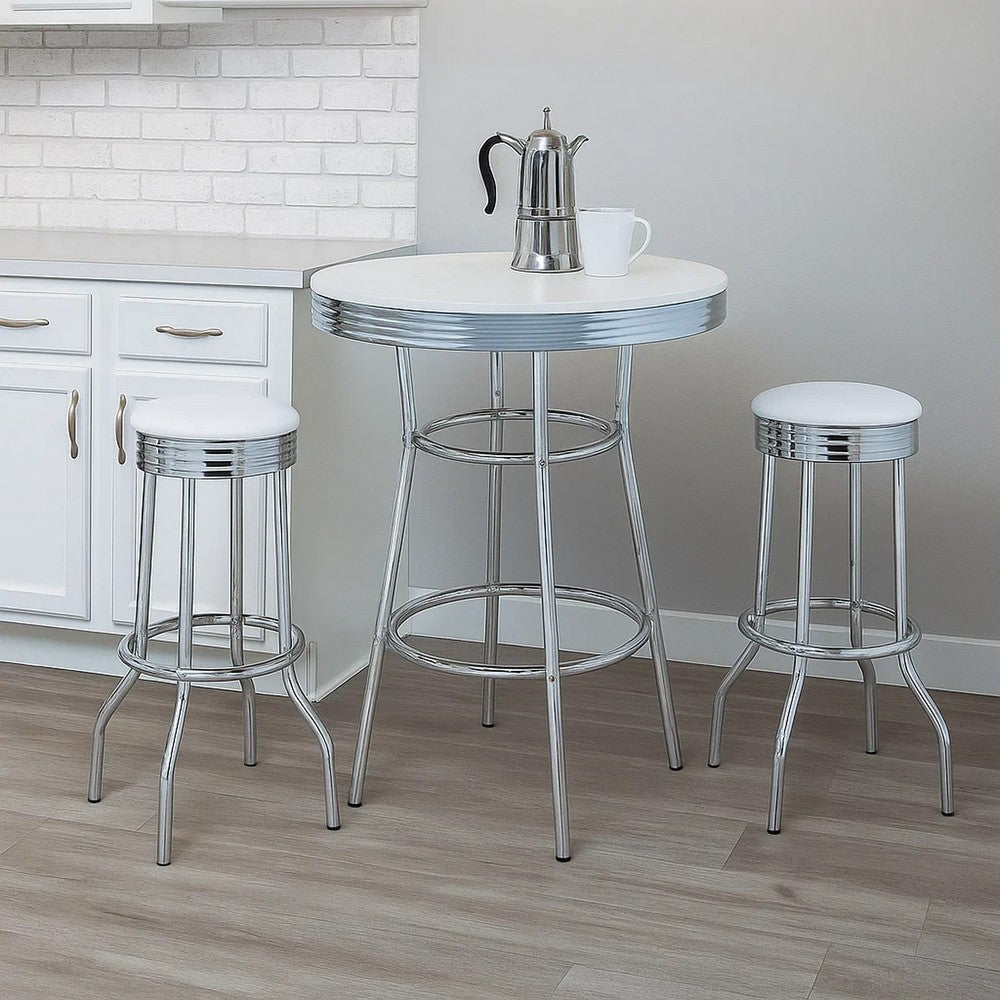 Loy 3pc Retro Bar Table Set | Round White Top | 2 Stools | Chrome Legs