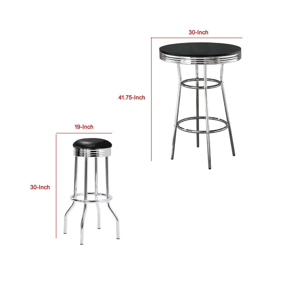 Loy 3pc Retro Bar Table Set | Round Black Top | 2 Stools | Chrome Legs BM337928