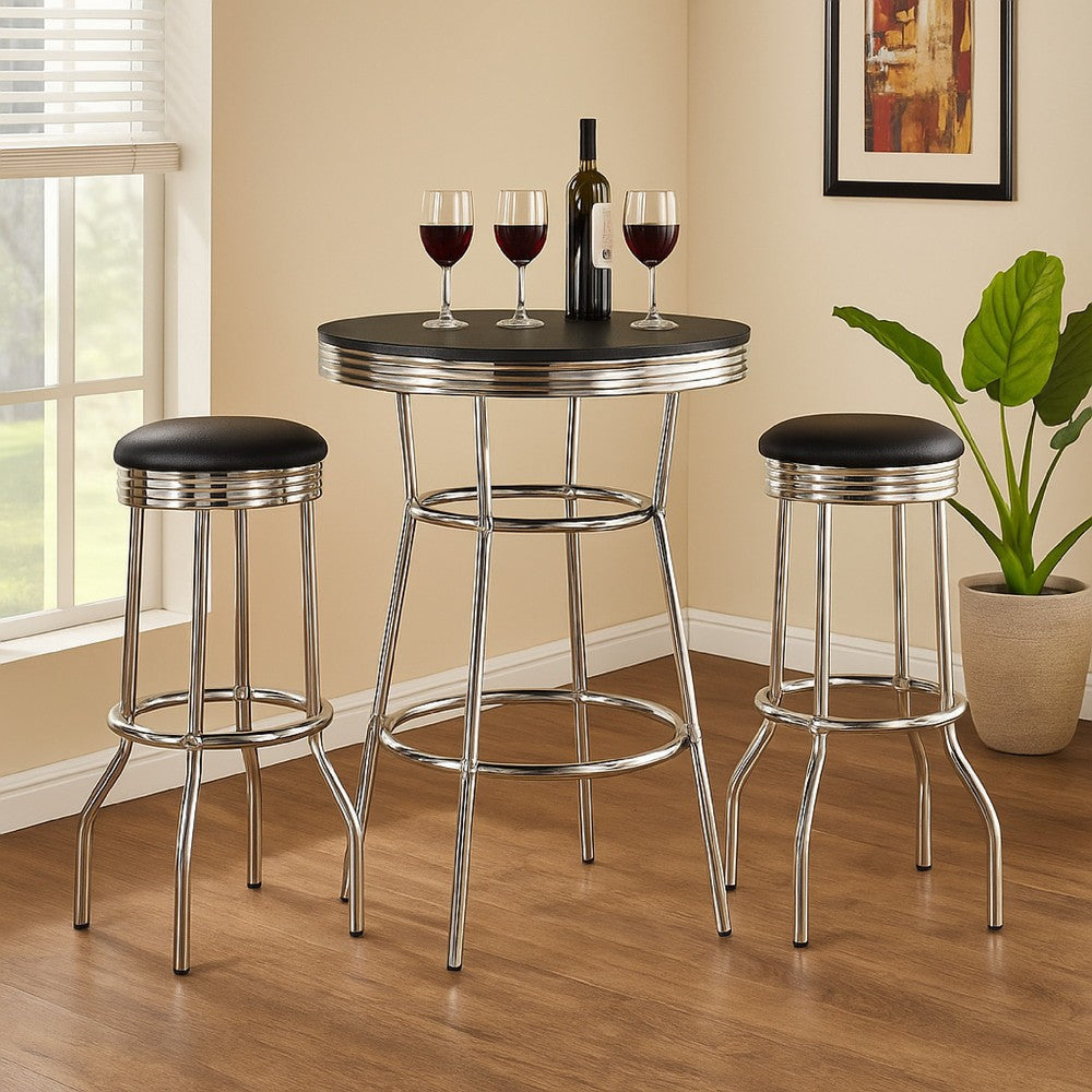 Loy 3pc Retro Bar Table Set | Round Black Top | 2 Stools | Chrome Legs
