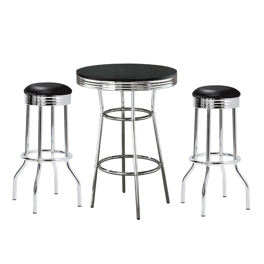 Loy 3pc Retro Bar Table Set | Round Black Top | 2 Stools | Chrome Legs BM337928