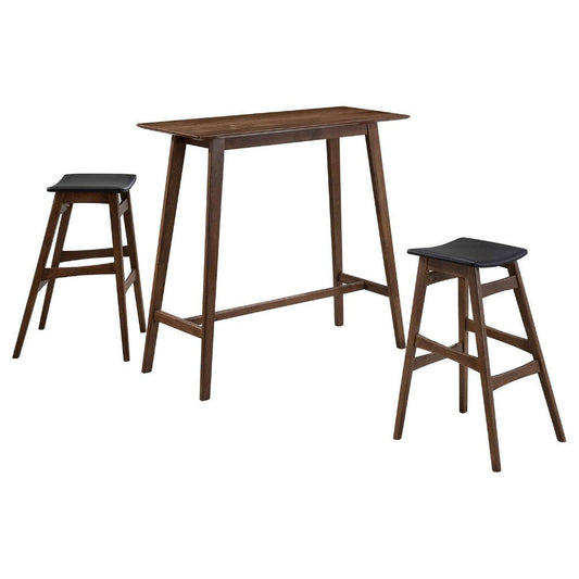 Fin 3pc Bar Height Table Set w 2 Gray Faux Leather Stools | Brown Wood
