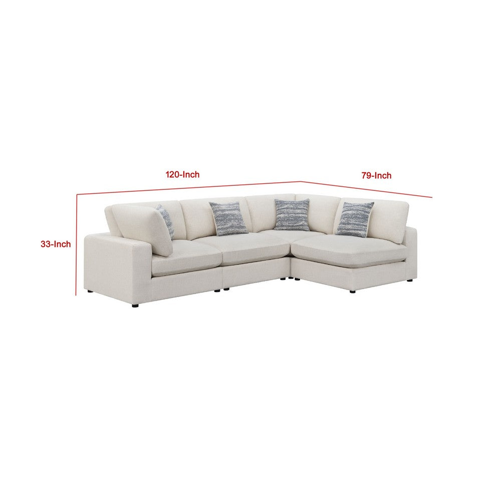 Serena 4pc Modular Sectional Sofa | 4 Accent Pillows | Beige Jacquard