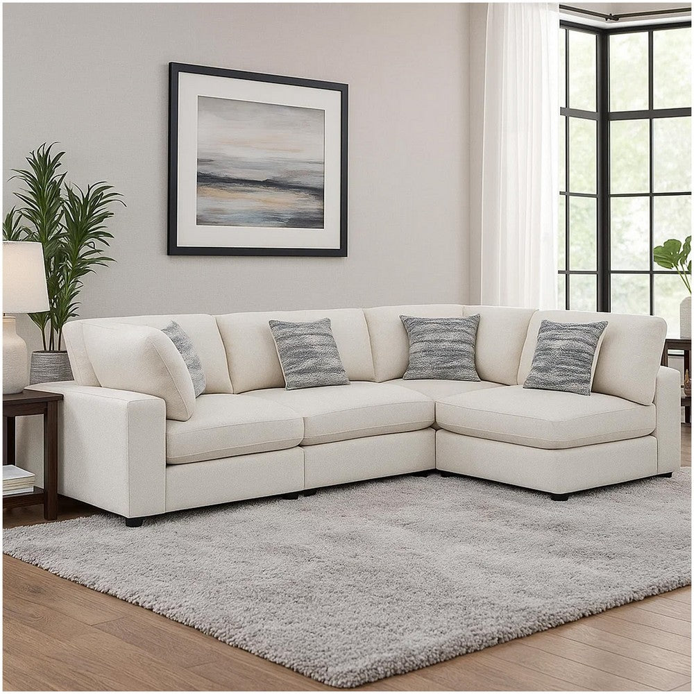 Serena 4pc Modular Sectional Sofa | 4 Accent Pillows | Beige Jacquard