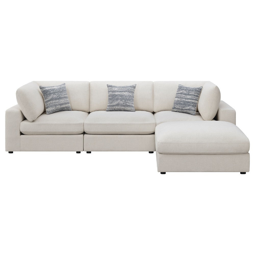Serena 4pc Modular Sectional Sofa | Ottoman | 3 Pillows | Beige Jacquard