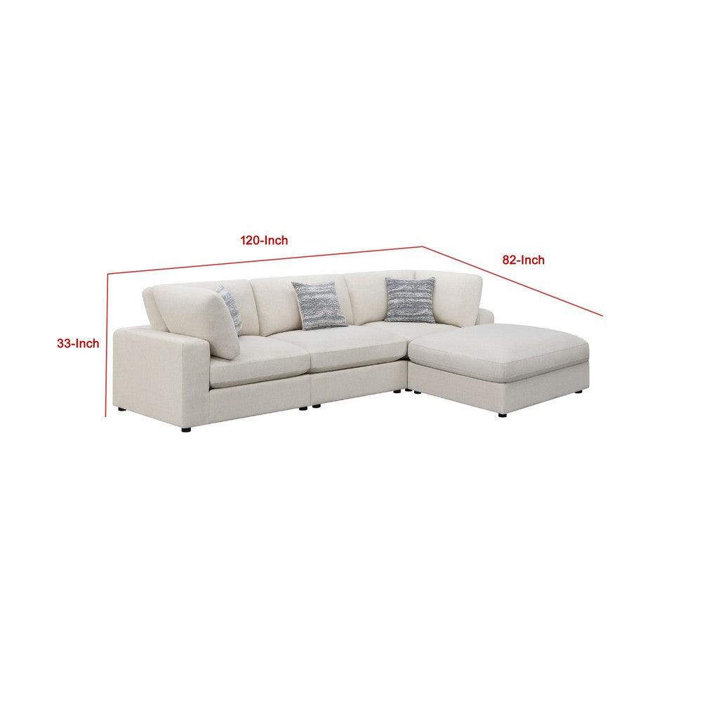 Serena 4pc Modular Sectional Sofa | Ottoman | 3 Pillows | Beige Jacquard