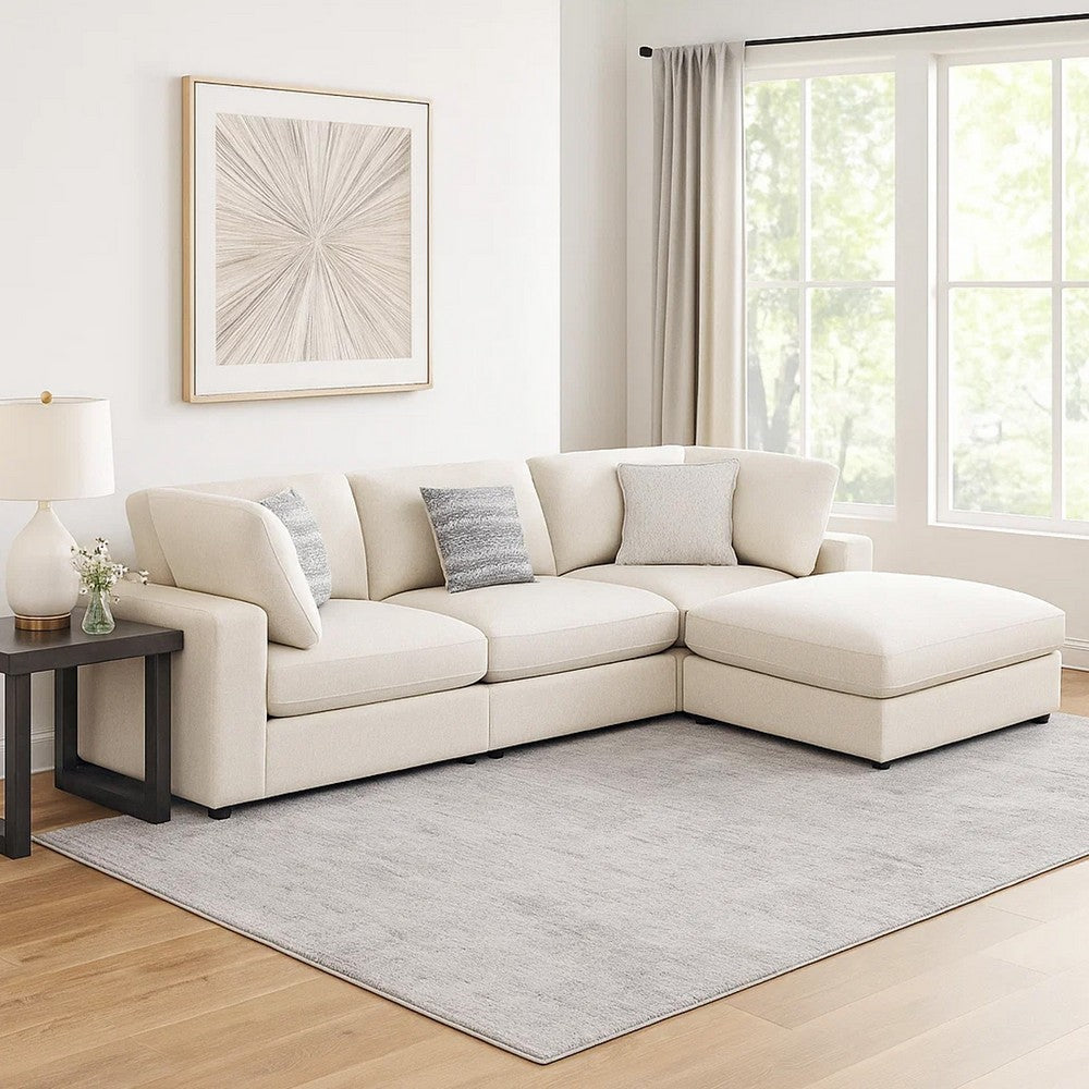 Serena 4pc Modular Sectional Sofa | Ottoman | 3 Pillows | Beige Jacquard