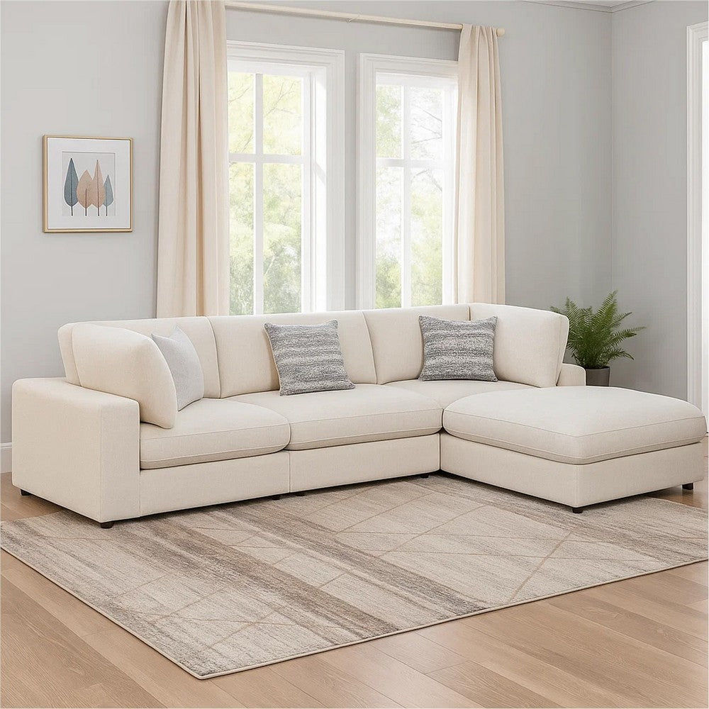 Serena 4pc Modular Sectional Sofa | Ottoman | 3 Pillows | Beige Jacquard